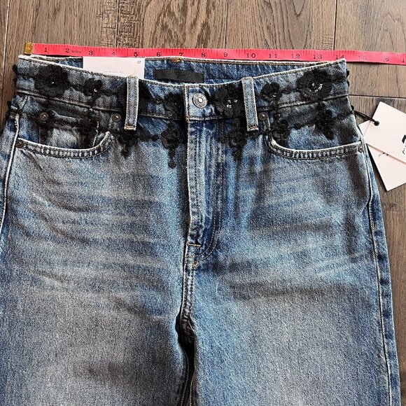 7 For All Mankind Dojo High Rise Flare Trouser Jeans Size 27 Lace Embroidery NWT - Picture 8 of 9